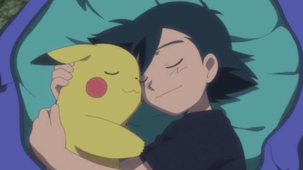 Ash and Pika cuddling