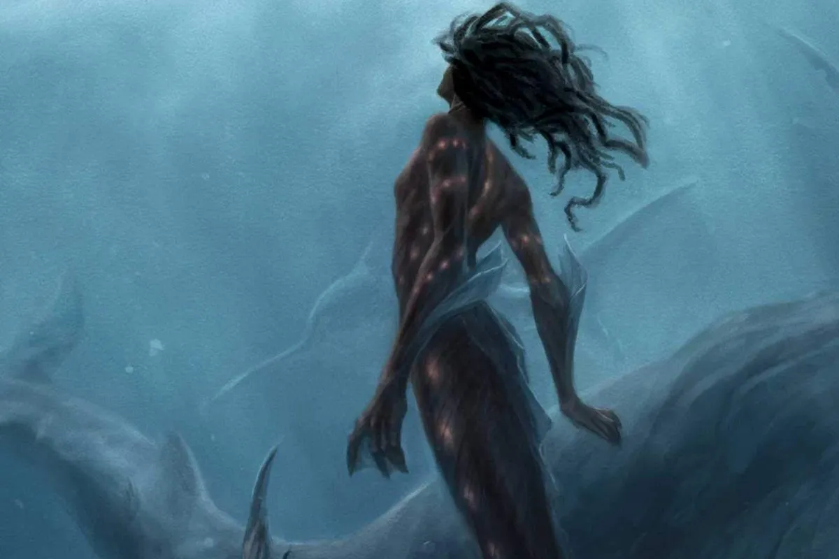 Black mermaid looking up to the surface and swimming in front of whales.  One of the covers for "The depth." Image: Simon & Schuster