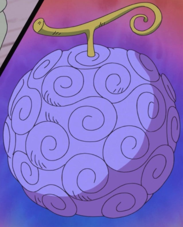 A devil fruit, which is round, purple, and covered in spirals.