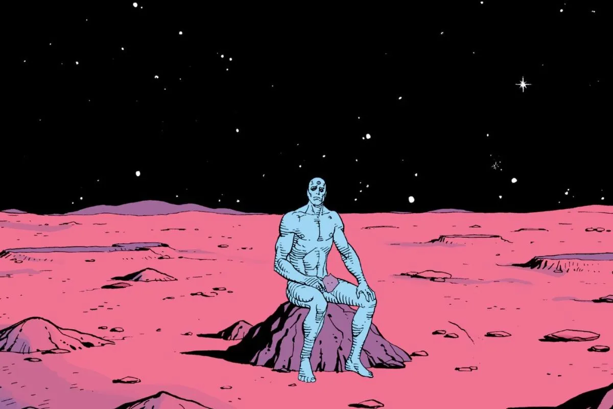 Dr. Manhattan from The Watchme n sitting alone. Image: DC Comics.