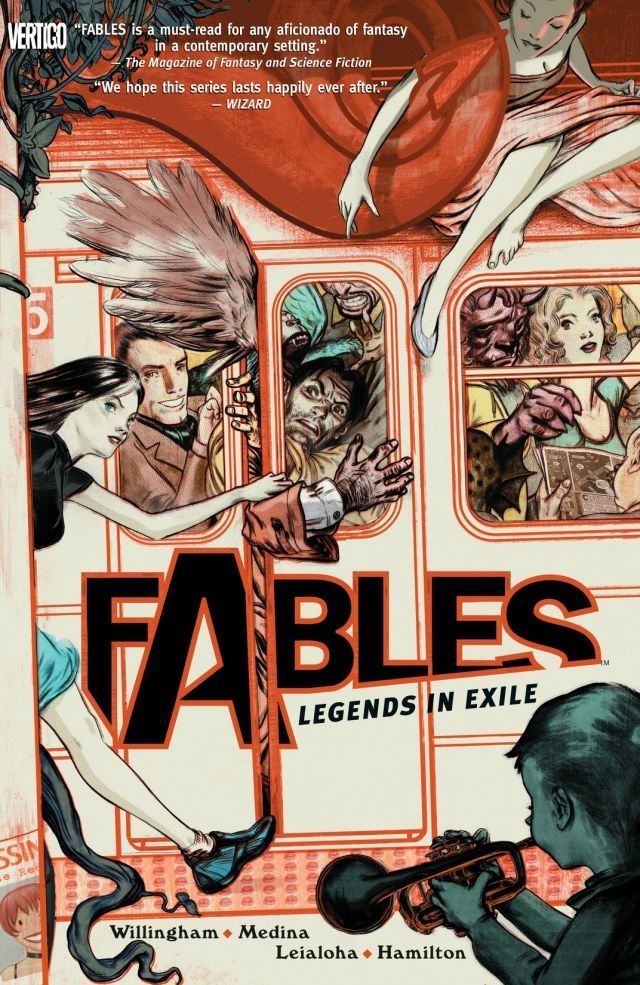 a bunch of fairytale characters stuffed in a subway car; cover for fables comic