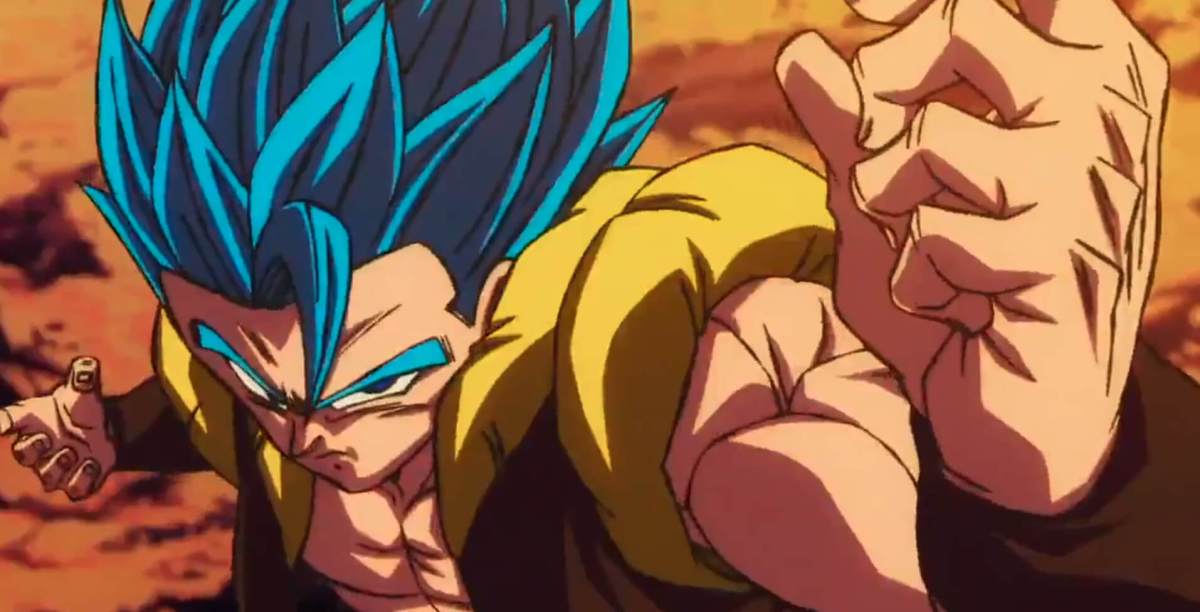 Gogeta from Dragon Ball holds up a fist.