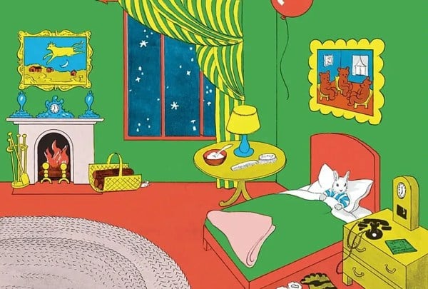 a page from Margaret Wise Brown's Goodnight Moon, showing the bunny in his bedroom.