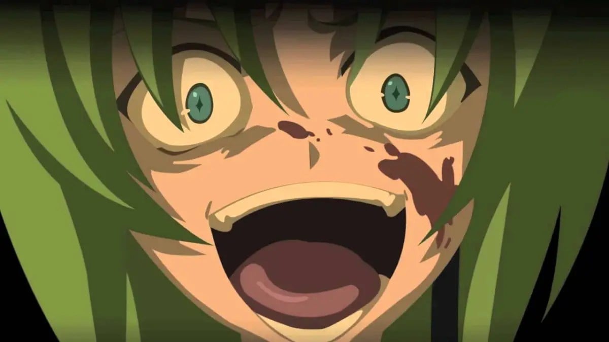 A green haired girl with a bloodstain on her face laughs manically in "Higurashi When They Cry"