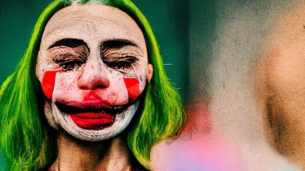 AI-generated image Loab, with green hair and Joker makeup. Her eyes are closed.