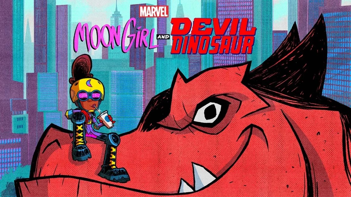 Lunella sits on Devil Dinosaur's snout. "Moon Girl and Devil Dinosaur" is written at the top, along with the Marvel logo.