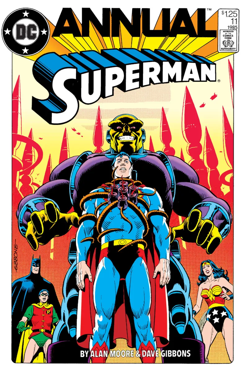 Superman, Mongul, Batman, Robin, and Wonder Woman in Superman for the Man who has everything