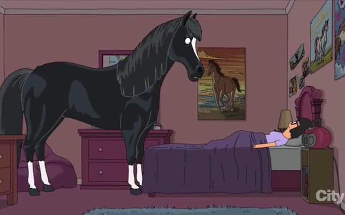 In an animated scene from Bob's Burgers, a large Black stallion (Jericho) stands over Tina's bed