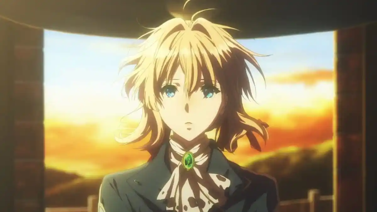 A young woman stands in the sunlight looking like she's about to cry in "violet evergarden"