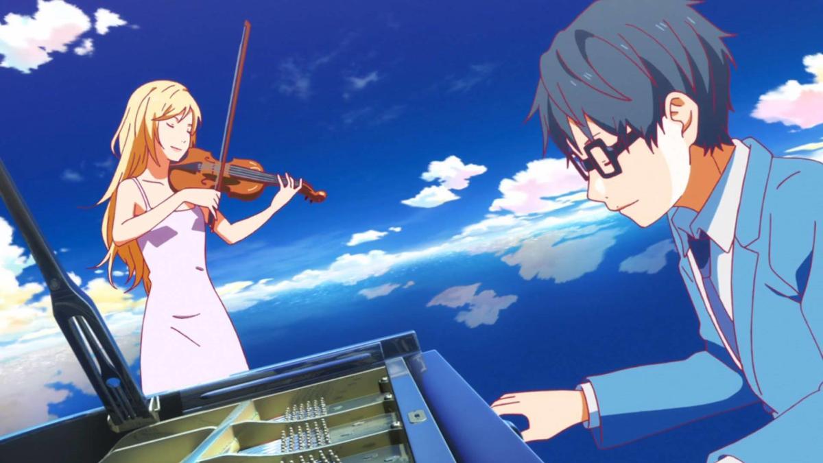 A young woman plays a violin while a man plays piano in front of a cloudy blue sky in 'Your Lie in April'