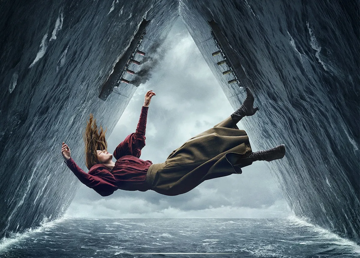 A woman dressed in Victorian clothing falls toward the ocean in a poster for Netflix's '1899' series