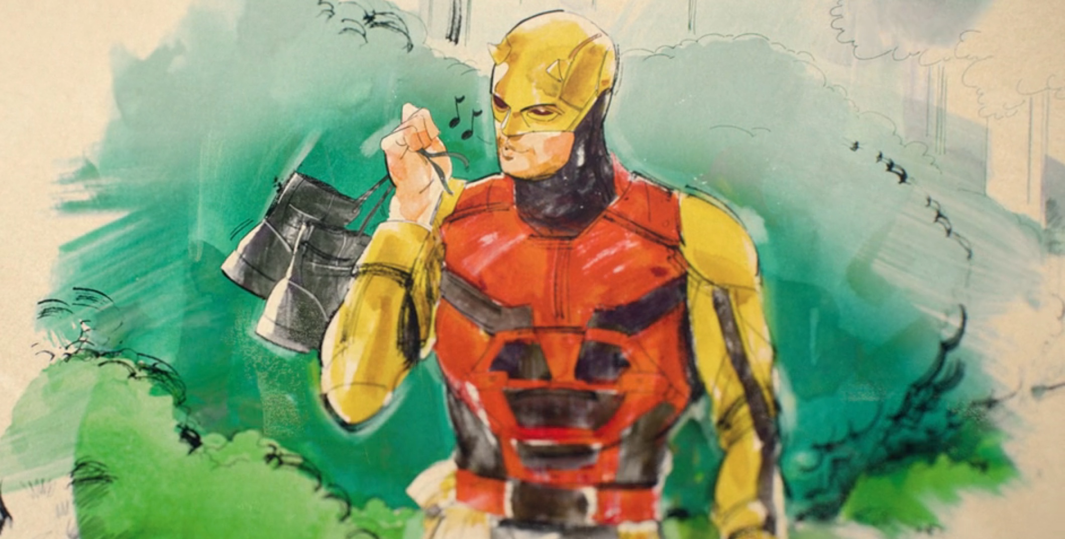 Illustration from the end credits of She-Hulk, showing Daredevil carrying his shoes down the sidewalk. Two small music notes are by his mouth, indicating that he's whistling.