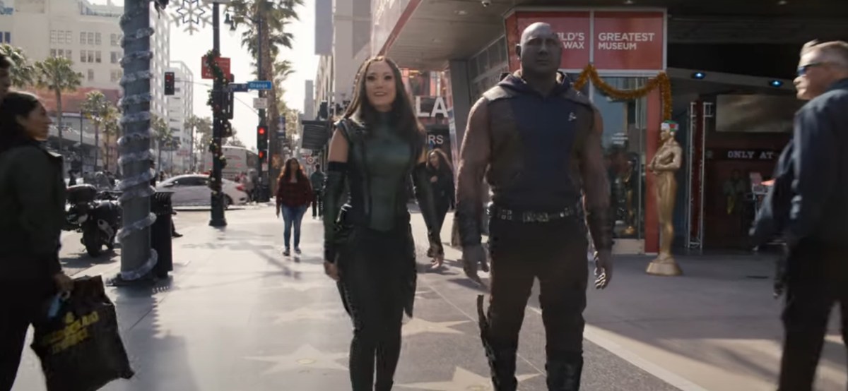 Mantis and Drax walk down Hollywood Blvd. in the Guardians of the Galaxy Holiday Special.