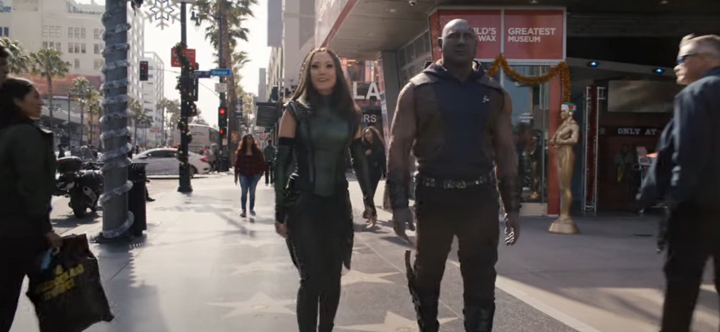 Mantis and Drax walk down Hollywood Blvd. in the Guardians of the Galaxy Holiday Special.