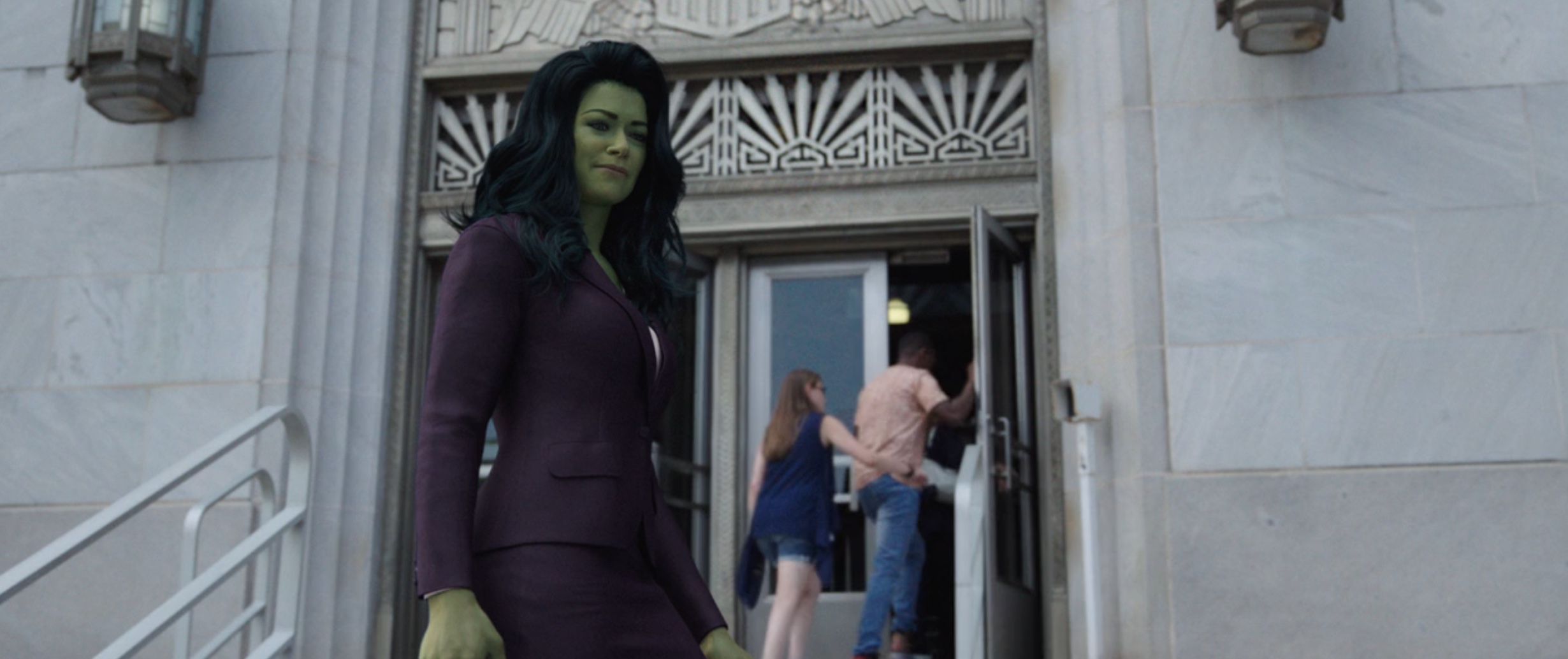 She-Hulk stands on the stairs of the L.A. courthouse.