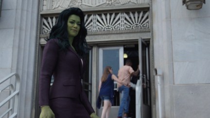She-Hulk stands on the stairs of the L.A. courthouse.