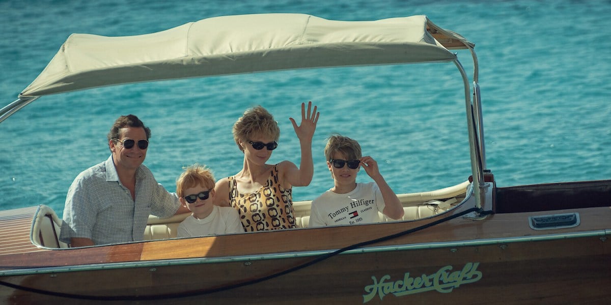 Prince Charles, Princess Diana and their kids on a boat in The Crown season 5