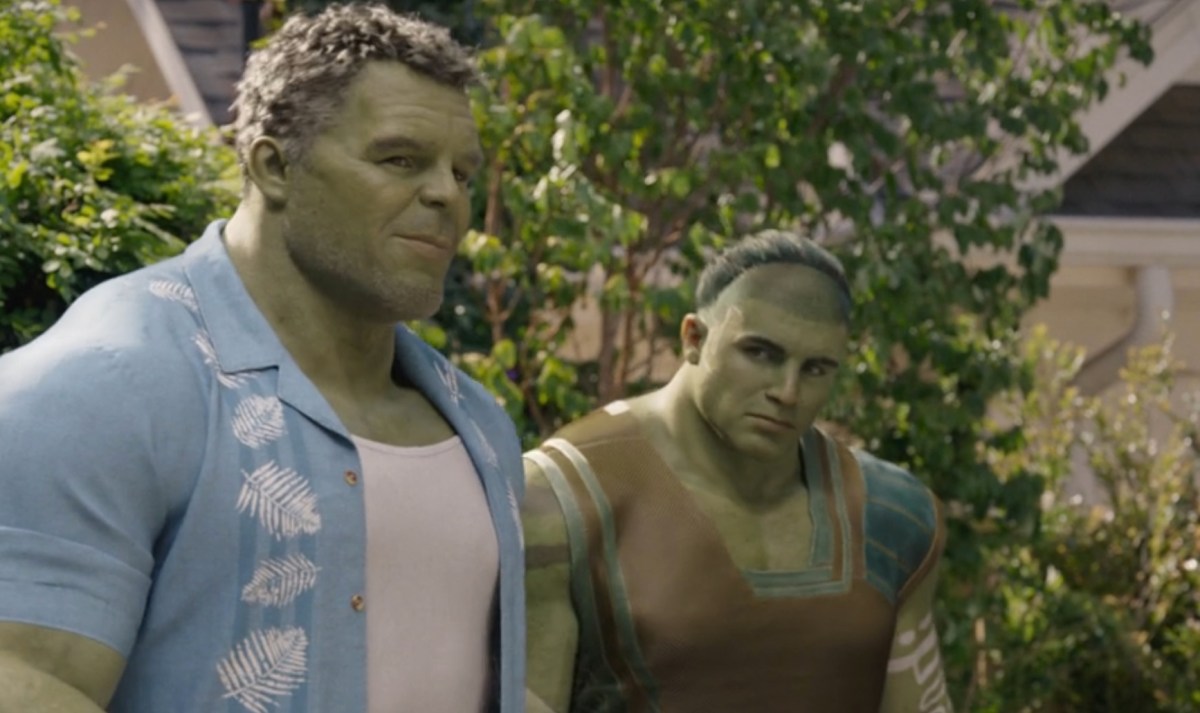 Smart Hulk stands next to his son, a younger-looking hulk named Skaar.