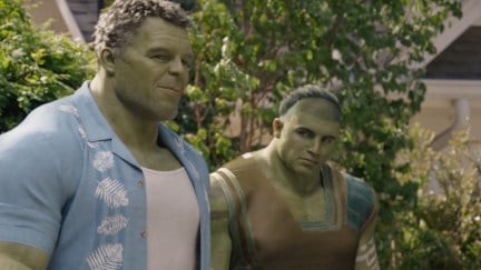 Smart Hulk stands next to his son, a younger-looking hulk named Skaar.