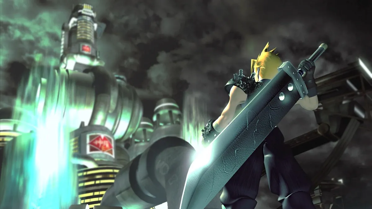 A spiky haired boy with a sword on his back stares up at a dark tower In "Final Fantasy VII"