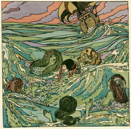 An illustration of mermaids in the ocean, with a ship in the background.