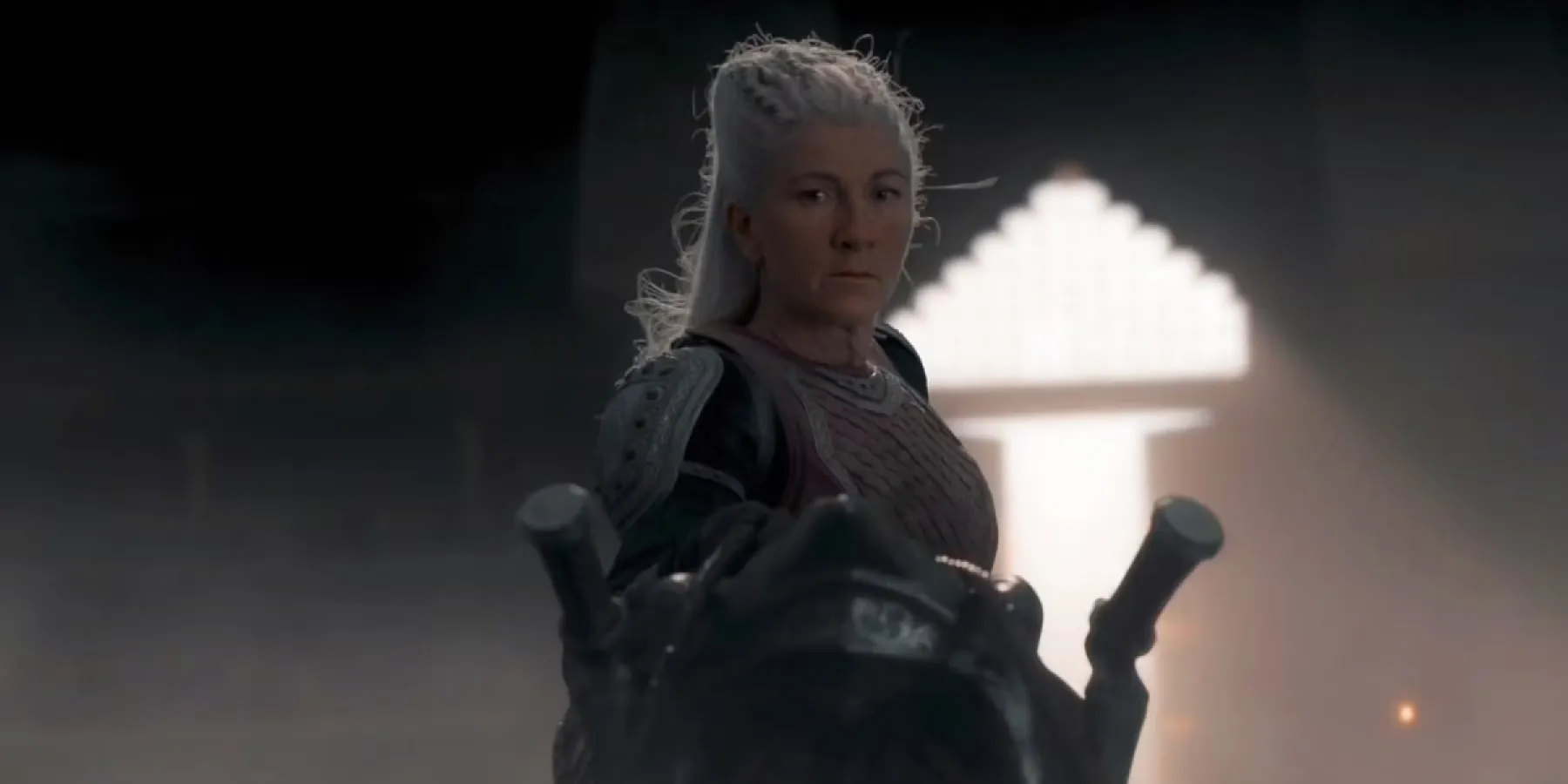 A picture of Princess Rhaenys Targaryen, played by Eve Best, astride her dragon Meleys in Episode 9 of House of the Dragon
