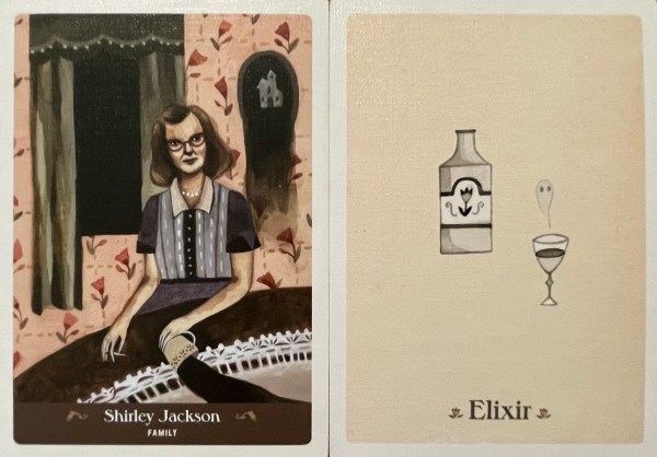 Two cards from the Literary Witches Oracle: Shirley Jackson and Elixer.