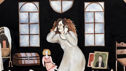 A woman crouches in an attic and clutches her head in distress. Detail from Katy Horan's 
