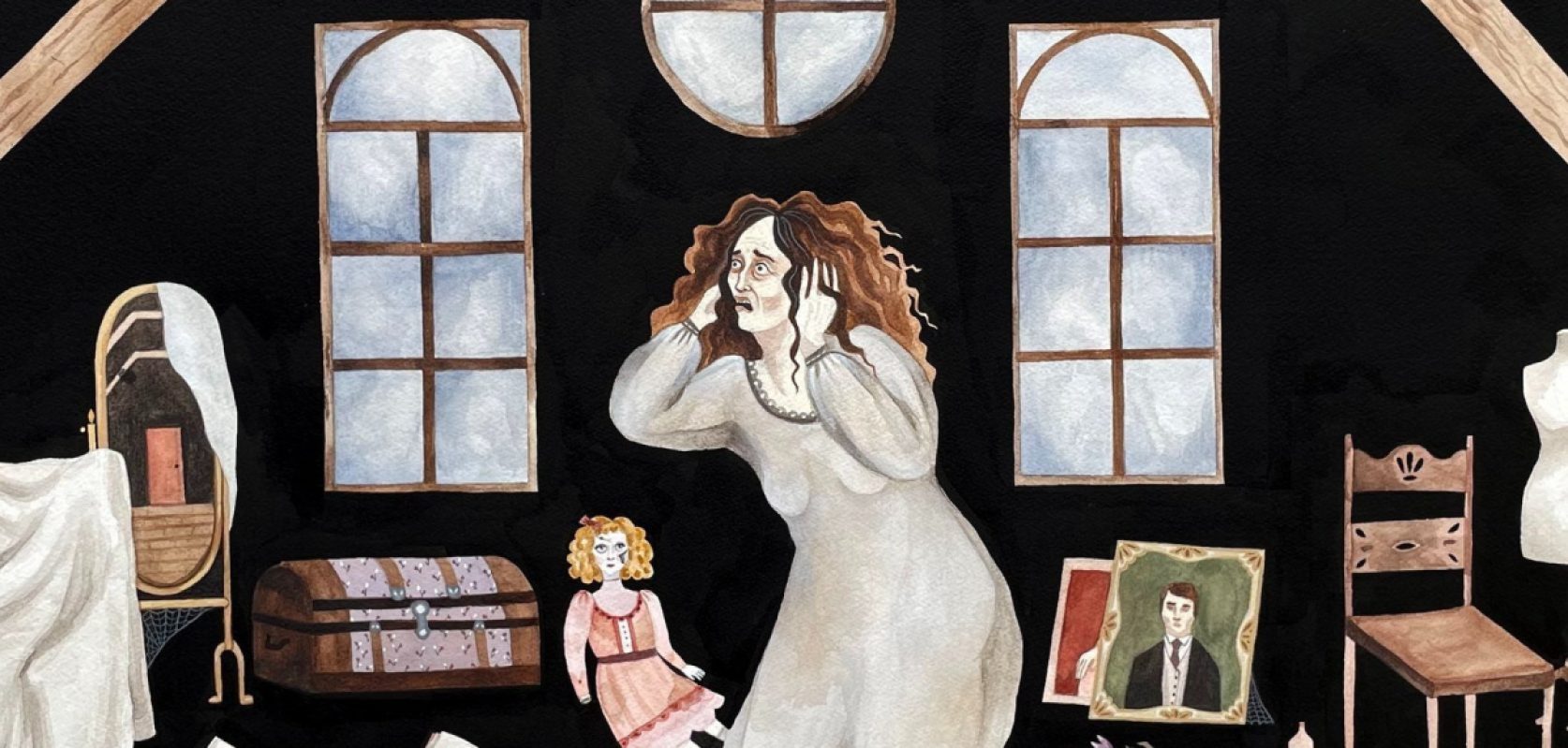 A woman crouches in an attic and clutches her head in distress. Detail from Katy Horan's "In the Attic."