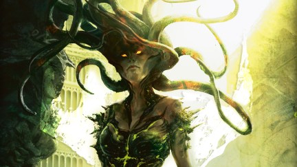 Vraska, a tentacled woman from Magic: The Gathering, stares at the viewer with ill intent, seemingly.