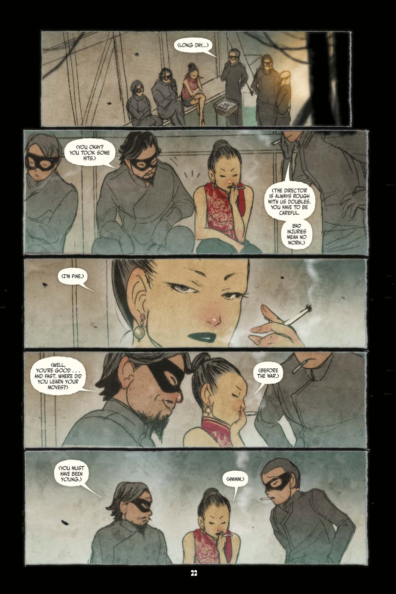 Men talking to woman smoking on page 22 of Night Eaters. Image: Abrams Comicarts