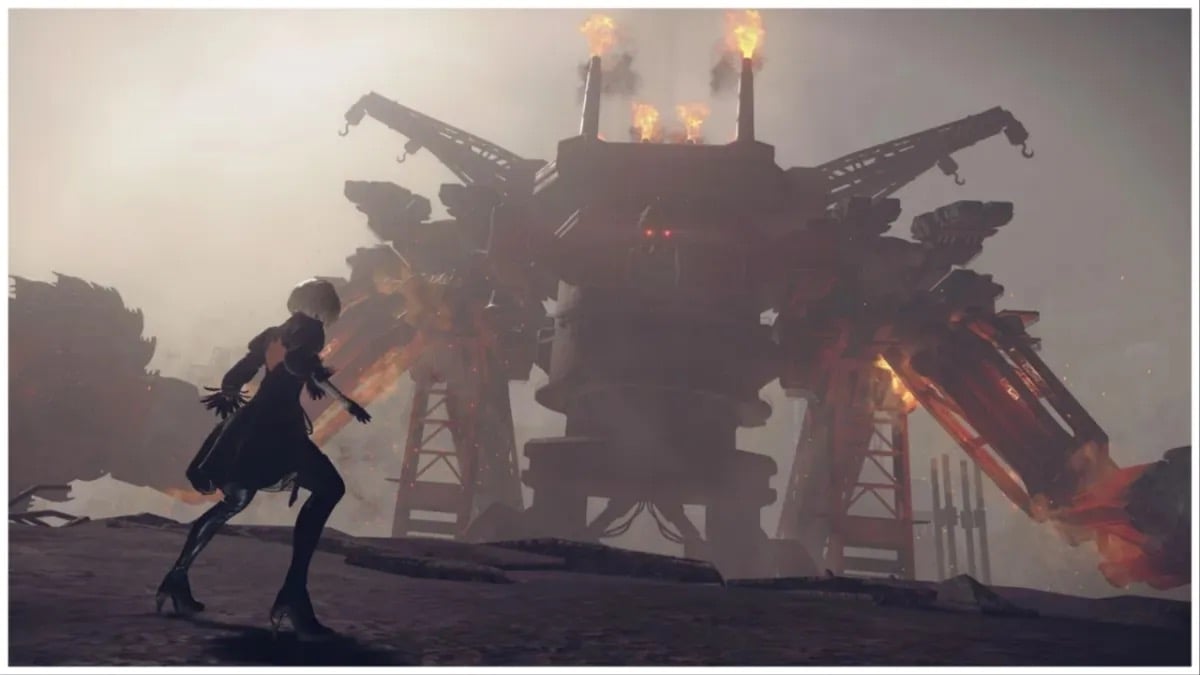 2B faces off against a massive Engels robot in "Nier Automata"