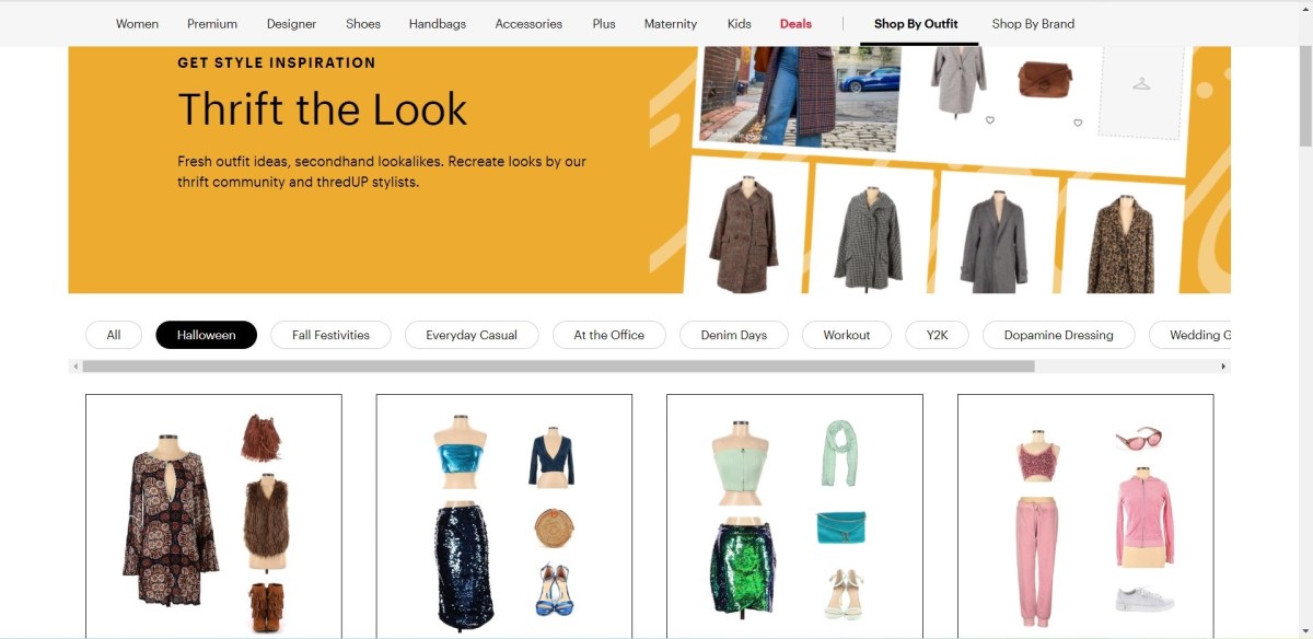 screenshot of ThredUP's Halloween page where people can build outfits to fit a certain "theme"
