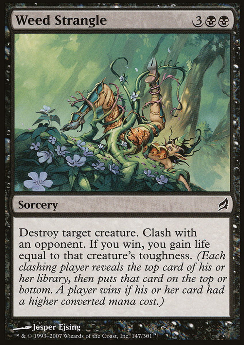 The very kinky Weed Strangle card from Magic: The Gathering, which shows a woman being tied to the forest ground by vines.