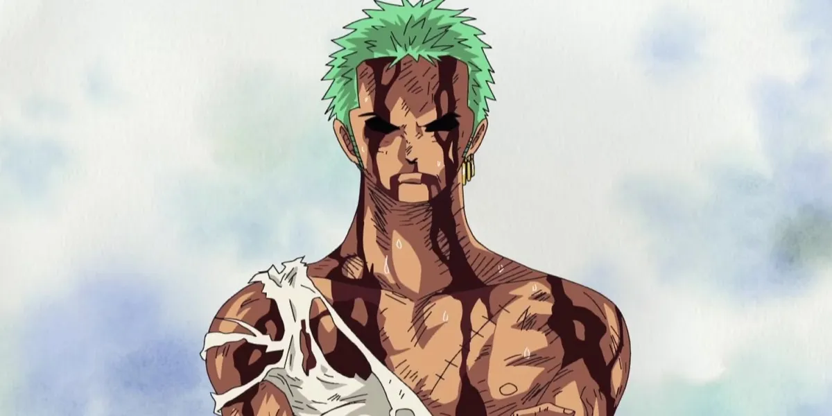 Roronoa Zoro stands covered in blood with his clothing ripped in "One Piece"