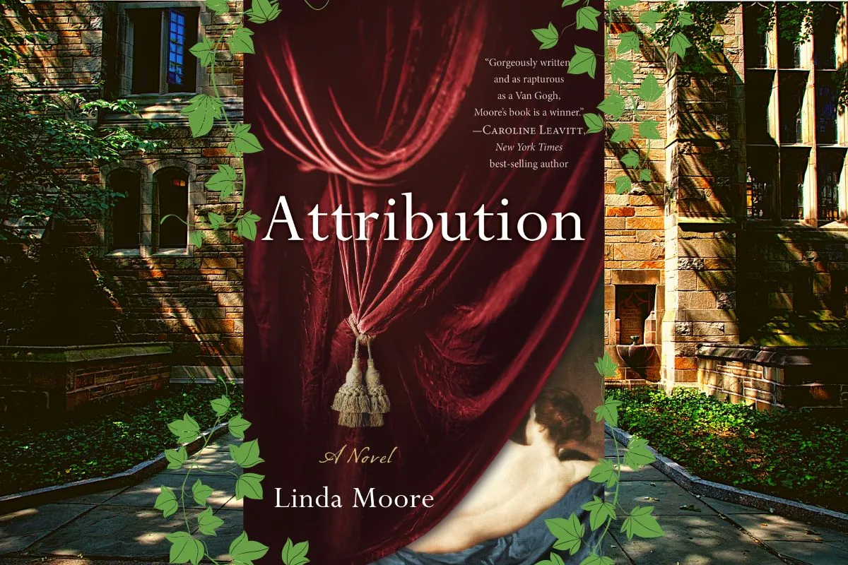 Attribution by Linda Moore covered in ivy in front of a college. Image: She Writes Press, Pexels, and Alyssa Shotwell.