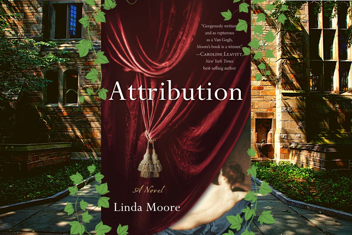 Attribution by Linda Moore covered in ivy in front of a college. Image: She Writes Press, Pexels, and Alyssa Shotwell.