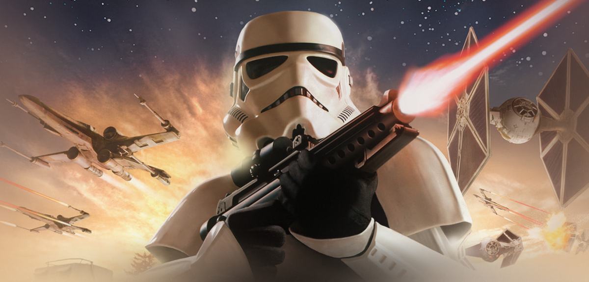 A stormtrooper fires a blaster in promotional art for Star Wars: Battlefront.