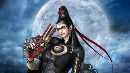 The witch Bayonetta holds a gun and winks while the moon glows behind her in 