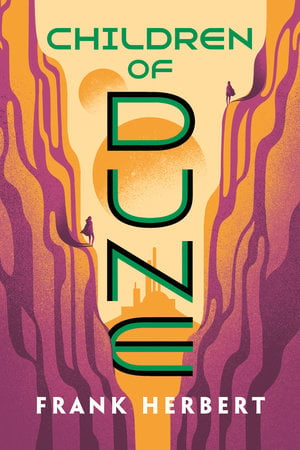 The cover of Children of Dune depicts a person standing between two mountains, which face the city skyline 