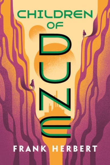 Cover of Children of Dune depicts a person standing in between two mountains, that face a city skyline 
