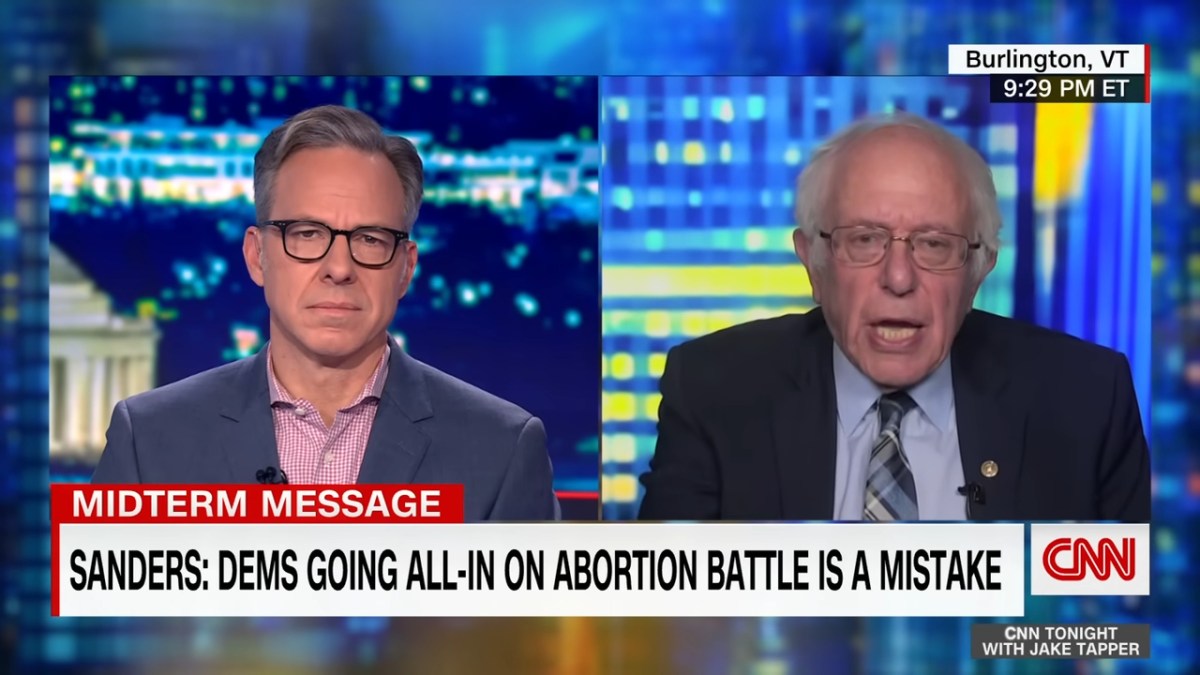 October 2022 Senator Bernie Sanders on Jake Tapper's CNN show. Image: CNN screencap.