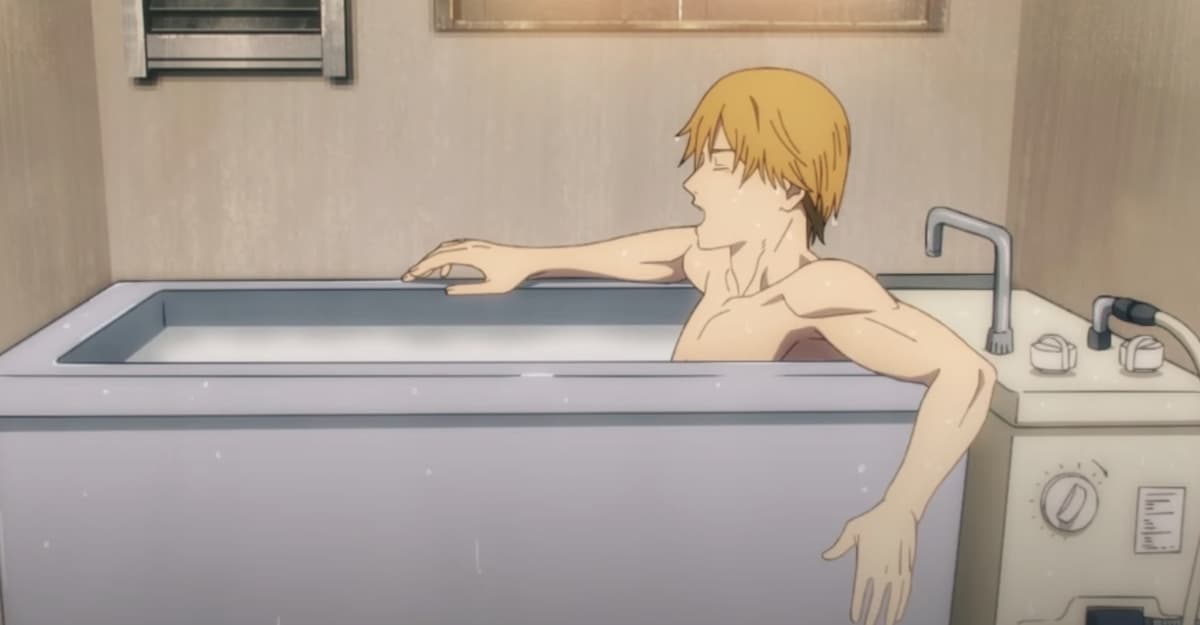 Denji's bathtub scene in the second episode of MAPPA's anime adaption of Chainsaw Man