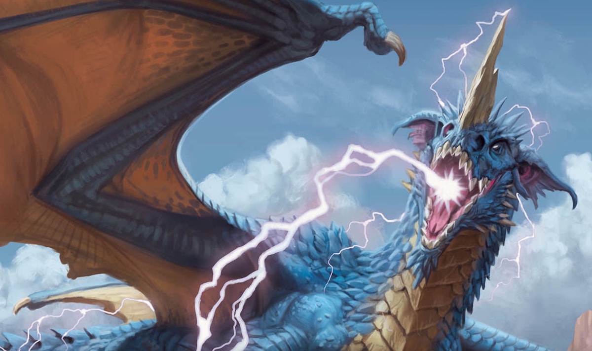 A blue D&D dragon has lightning coming out of its mouth