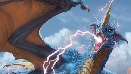 A blue D&D dragon has lightning coming out of its mouth