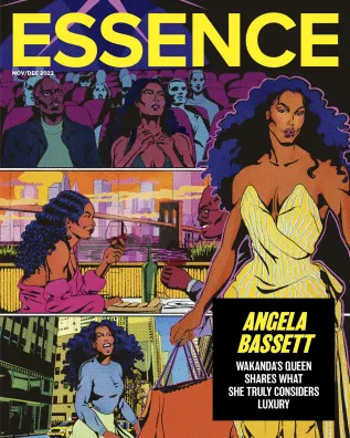 Top part of the Nov/Dec 2022 cover for Essence magazine featuring Angela Bassett. Image: Essence Magazine & Darius Moreno.
