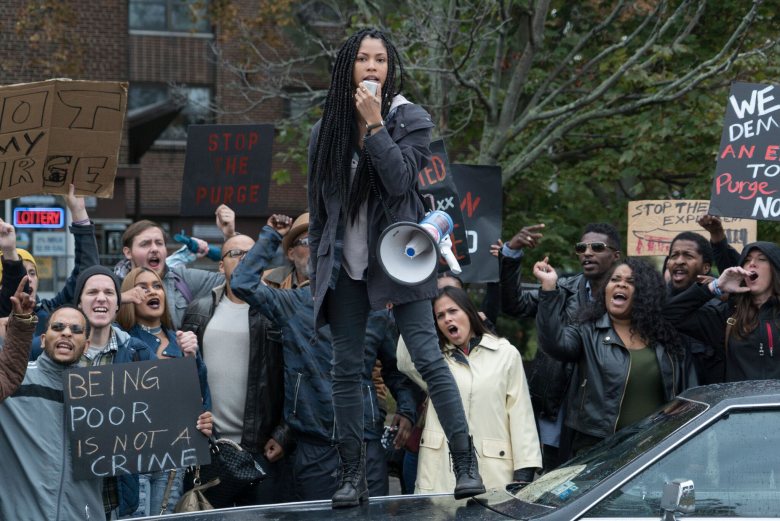Nya Charms in the First Purge leading an anti-purge protest