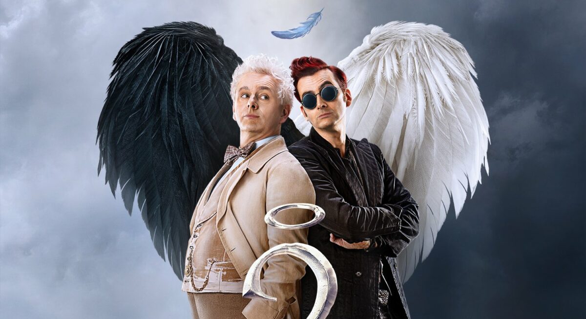 Poster for Good Omens Season 2, showing Crowley and Aziraphale with their wings forming a heart. A single blue feather floats above them.