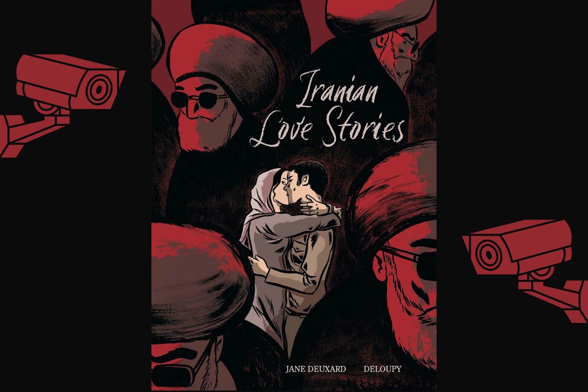 Iranian Love Stories by Jane Deuxard and illustrated by Deloupy next to images of cameras. (Image: Graphic Mundi.)