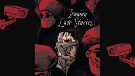 Iranian Love Stories by Jane Deuxard and illustrated by Deloupy next to images of cameras. (Image: Graphic Mundi.)